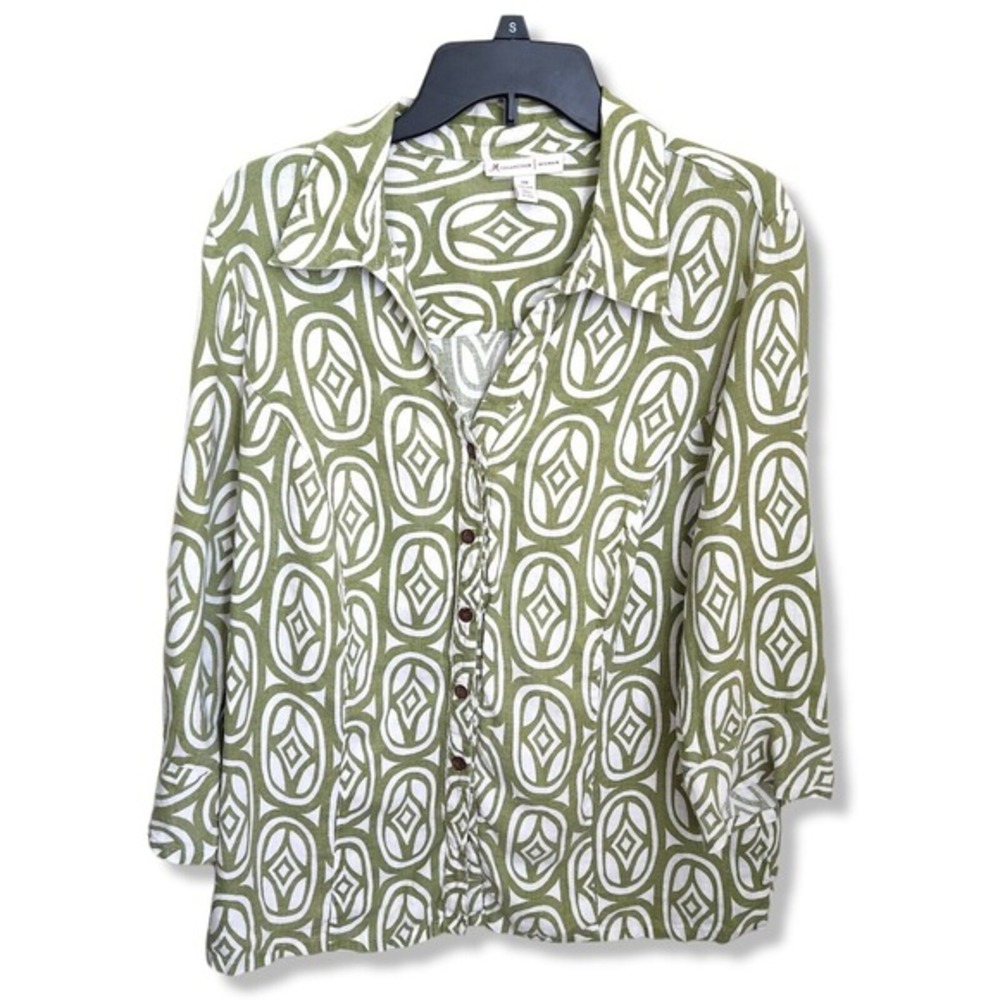 JM Collection Women's Size 14W Blouse 3/4 Sleeves Button Down V Neck 100% Linen